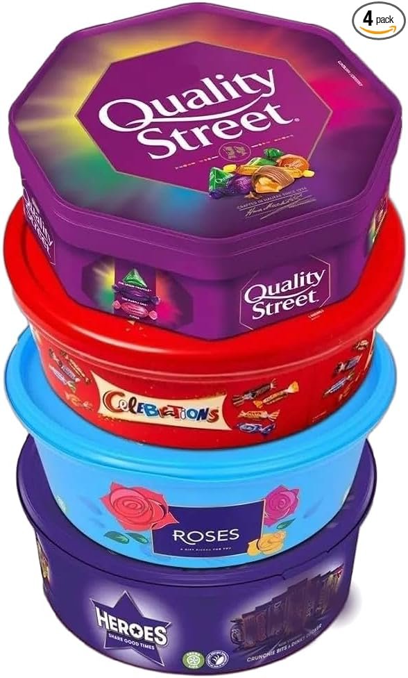 Oscanoltd 4 x Chocolate Tubs ASSORTED PACK 1 EACH Of Celebrations, Heroes, Roses, Quality Street Chocolate Sharing Tub Perfect For Any Occasion Ideal Gifts